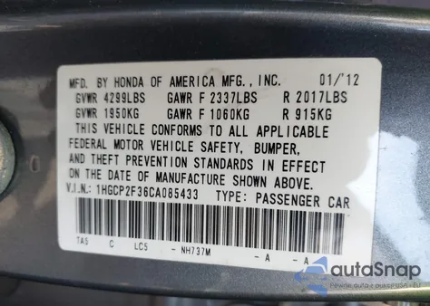 2012 Honda Accord 2.4 Lx from USA, damaged, VIN 1HGCP2F36CA085433